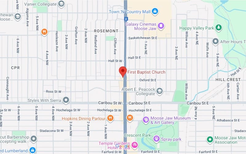 Google map image indicating the location of First Baptist Church Moose Jaw.