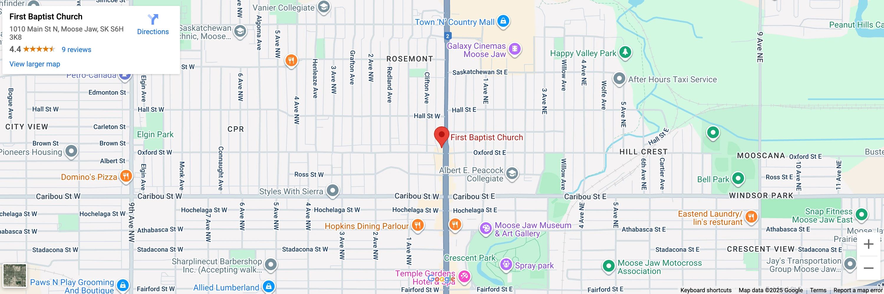Google map image indicating the location of First Baptist Church Moose Jaw.